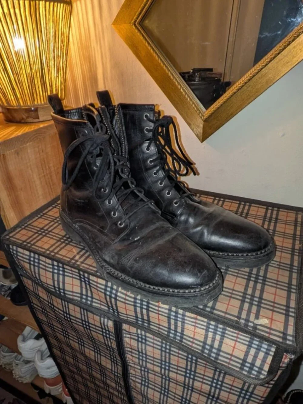 Allsaints Men's Black Leather Lace-Up Combat Boots Side Zip Size 12